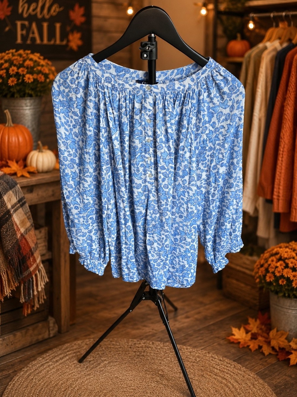 Chaps Blue Floral Peasant Blouse